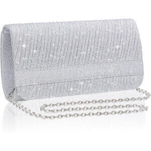 🆕Elegant Evening Clutch Purse for Women Silver Satin with Chain Strap for Party